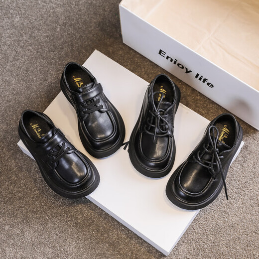 Lu Rang Song Children's Leather Shoes Boys and Girls Performance Shoes British Style Velcro Loafers Spring and Summer Children's Single Shoes Black Single 31 Size 19.3 cm long