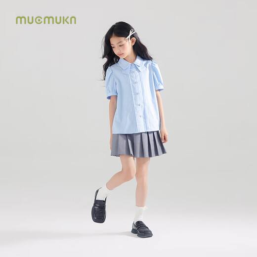 Mucmukn Antibacterial Bamboo Fiber Soft Anti-wrinkle Girls Sea Salt Bubble Blue Half Sleeve Shirt Butterfly Collar Top Half Sleeve Summer Blue 140 cm