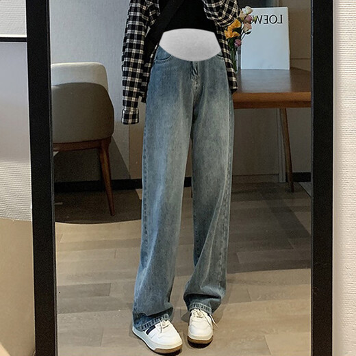 Yunshun Mutterschaftsjeans mit Bauchunterstützung im Frühling und Herbst, die Jeans gerade mit Breitenbeinhosen lose Mutterschaft Outfit lässig Slim und Drucken gerade Jeans Retro Blue Blue Bauch Stütze zufällige Hose L105-120)