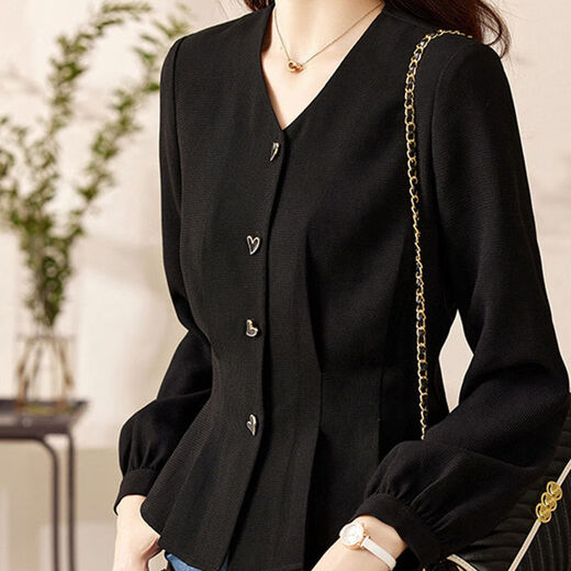 Modal V-neck black shirt women's long-sleeved 2026 spring and autumn new style chic and beautiful shirt high-end waist slimming top black L recommended 105-115 Jin Jin equals 0.5 kg