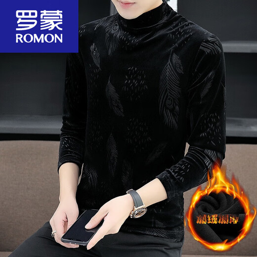 Romon Plus Velvet épaissis de demi-collé de base à col roulé pour le t-shirt à manches longues en velours en or noir pour hommes en automne et hiver intérieur usure t 691 noir m