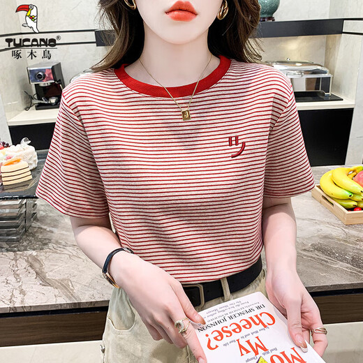 啄木鸟条纹短袖t恤女2025年夏季新款百搭修身打底体恤笑脸刺绣上衣ins 红色9928 M 建议95-105斤