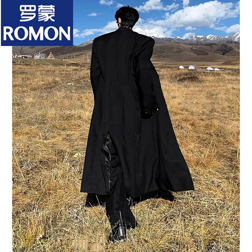 ROMON black long godfather shoulder pad woolen coat men's winter thickened cleanfit Cthulhu civilian windbreaker jacket black [upgrade] 90% buyers choose 2XL 150-165Jin [Jin equals 0.5 kg]