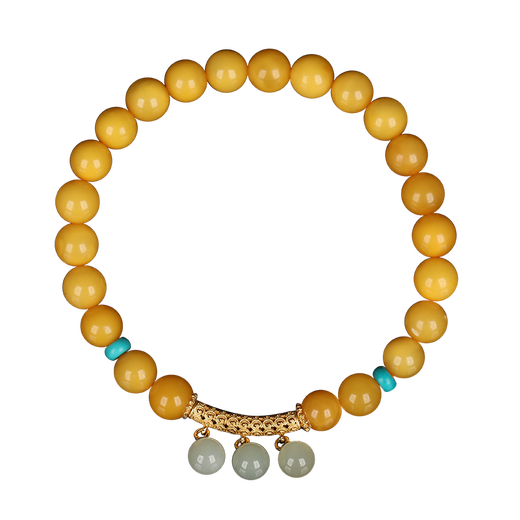 OUCERNY Beeswax Bracelet Natural Chicken Fat Yellowstone Amber and Silver Inlaid Hetian Jade Pendant Bracelet Chinese Valentine's Day Gift