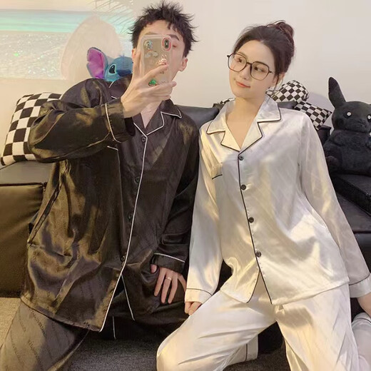 YIMENGTO Yimen Camel Couple Ice Silk Pajamas Men and Women Spring and Autumn Long Sleeve Plus Size 200 Jin Jin equals 0.5 kg Feeling Loose Homewear Set 8616 Female-8617 Male L Men's Style (100-120 Jin Jin equals 0.5 kg