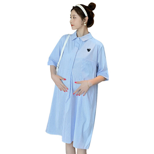 猫人（MiiOW）孕妇夏装连衣裙条纹翻领衬衫裙女宽松中长款夏天裙子 蓝色条纹L