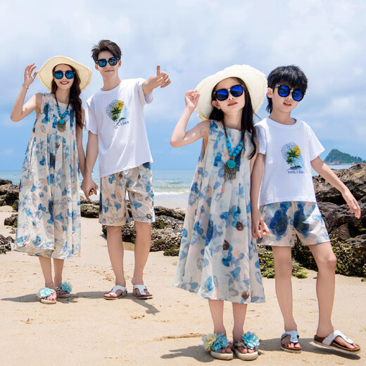 Yuehaiyuebei parent-child clothing for a family of three seaside vacation beach skirts Sanya travel mother-daughter clothing large size loose dress long skirt blue women's L