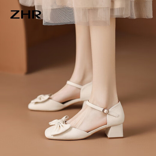 
ZHR single sandals for women with summer bow temperament thick heels for women sweet and simple commuting shoes for women Y692 beige 36