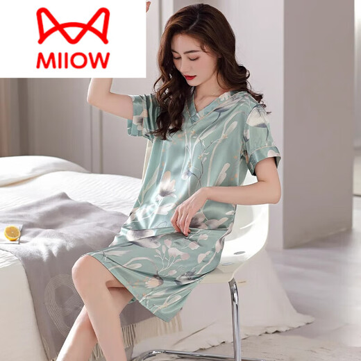 Cat Man (Miiow) Nachthemd für Frauen Sommer Seiden kurzärmelige lange Pyjama 2025 Neues Sommer Seidenschwangeres Mutterkleid 9926 m