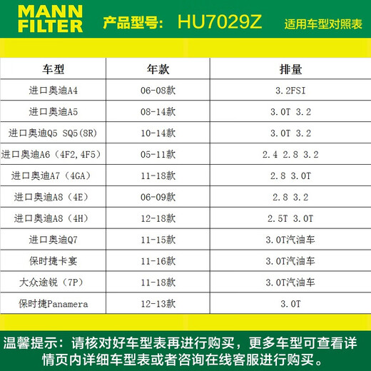
Man brand filter (MANNFILTER) HU7029Z engine oil filter element suitable for Audi A4L3.2FSI/A6L30FSI Audi S5 (imported)/2010-2014 model 3.0T
