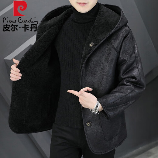 皮尔卡丹（pierre cardin）连帽皮草颗粒羊羔绒复合皮毛一体外套男士加厚两面穿仿羊剪绒皮衣 驼色(两面穿) L 105-120斤