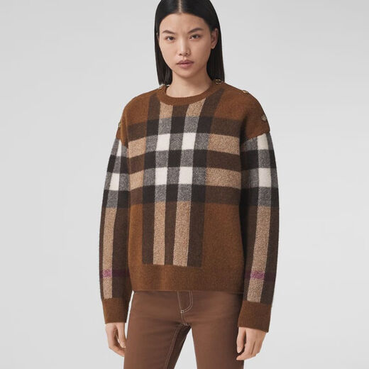 巴宝莉（BURBERRY）【VIP私享优惠】| 女装 格纹羊毛混纺针织衫毛衣 深桦木棕 S