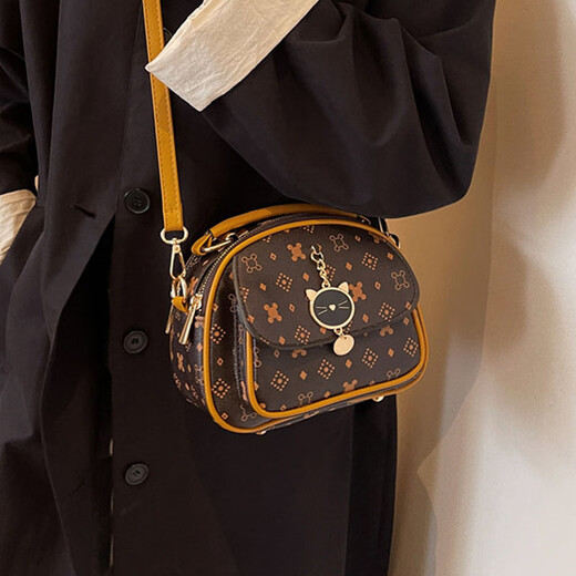 Feng Shang strukturierte Crossbody-Tasche kleine runde Tasche Frauen Neue Mode gedruckte Frauen Tasche mehrschichtige Handtasche einzelne Schulter-Diagonale Frauen [Kaffee mit Braun]