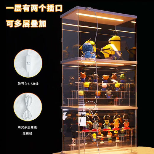 和北桌面泡泡玛特展示盒灯发光展示盒展示柜亚克力透明展示盒 中号顶灯带梯子两层jy6623dt