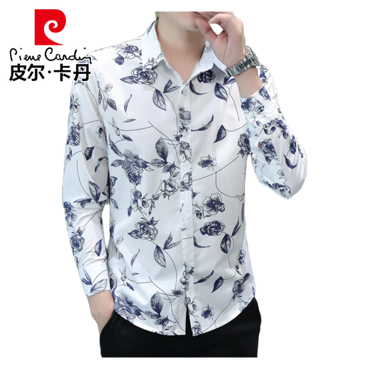 Pierre Cardin Printed Shirt Herren-Langzeitjugendblumenmuster Baumwolle dünne schlanke und modische lockere Blumenhemd trendy 723 grau 2xl 134-146jin [Jin ist gleich 0,5 kg]