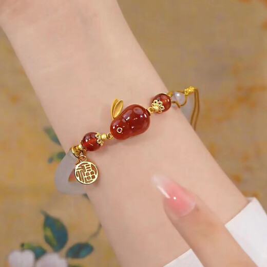 Erli Zodiac Red Rabbit Natural Agate Chalcedony Bracelet Women's Light Luxury Fashion Braided Bracelet Internet Celebrity Douyin Same Style Red Rabbit Chalcedony Bracelet