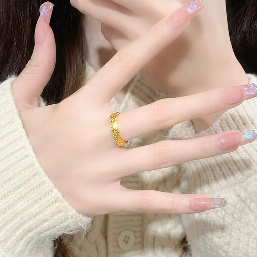 Gold-plated silver-coated crushed ice ring, golden crushed ice imitation gold solid ring for your girlfriend, crushed ice ring with adjustable opening