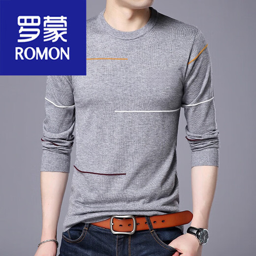 ROMON round neck sweater thin spring and autumn pullover men's sweater base sheep sweater. Sweater thread blue 1807 thin. 175/XL