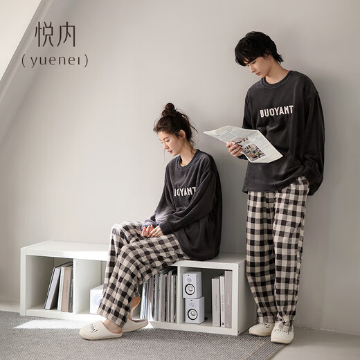 Yuenei Couple Pajamas Women's Autumn and Winter Coral Velvet Thick Velvet Warm Home Clothes Men's Plaid Warm Suit 34116 Casual Blue Men's 3XL (Male 180-200 Jin Jin equals 0.5 kg / Female 160-180 Jin Jin equals 0.5 kg)