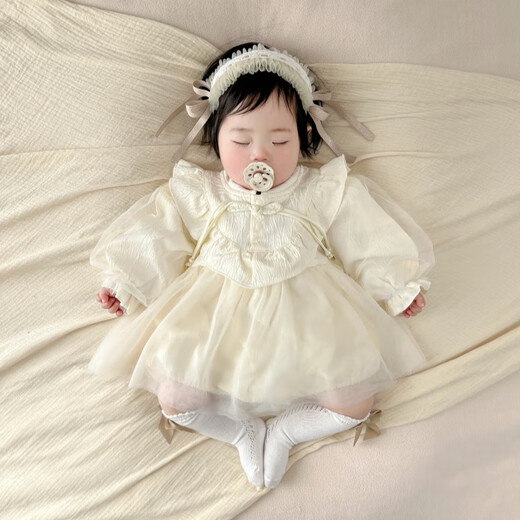 GOOFLORON baby girl's one-year-old dress, one-month-old baby princess dress for 0-6 months, one-year-old birthday dress, spring and autumn single-piece apricot-colored dress 66 cm