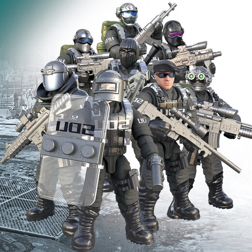 九狮王小兵人玩具人偶拼装关节可动二战模型积木仔军事玩具可摇变形 9902特jing队8人