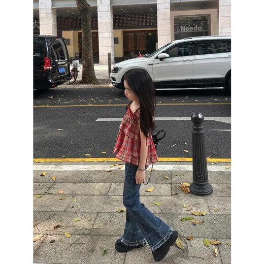 格素凡女童夏装套装2024网红新款儿童洋气吊带牛仔裤时髦夏季炸街大童装 格子吊带+牛仔喇叭裤 150 cm