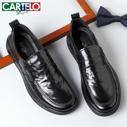 卡帝乐鳄鱼（CARTELO）男士乐福鞋商务休闲皮鞋透气软牛皮英伦一脚蹬皮鞋男9929黑色41