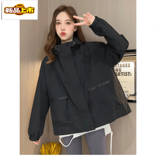 First diameter solid color zipper hooded small windbreaker for women 2026 new loose and flesh-covering casual three-dimensional cropped short coat khaki with lining M Recommended under 110