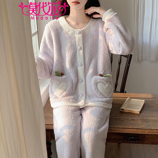 Modal coral velvet pajamas for women in autumn and winter plus velvet thickened cardigan set sweet and cute flannel for outdoor wear home clothes 3880-Pineapple style M