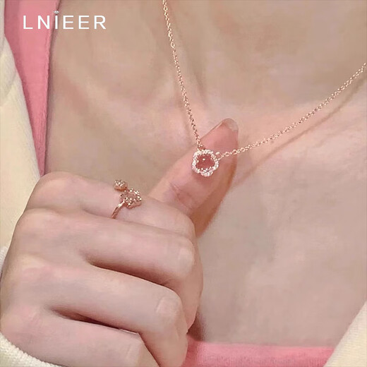 Lnieer S925 silver romantic cherry blossom pendant necklace for women with light luxury niche design rose gold clavicle chain as a gift for girlfriend Sakura pink crystal necklace S925 silver