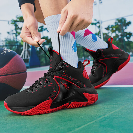 Jordan Green Basketball Shoes Men's Waterproof Leather Sports Shoes Lightweight Indoor and Outdoor Shock Absorbing Wear-Resistant Anti-Slip Combat Boots Autumn and Winter Black Red-Leather Style 41