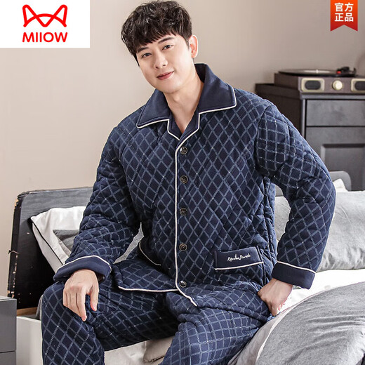 Catman (Miiow) reines Baumwoll-Dreischicht-verdickte Baumwollwinter-Pyjama-Pyjama-Baumwolljacke Herbst und Winter Herren-Home-Kleidungsstücke mit hautfreundlicher BQM-9214-Drei-Layer-verdickter Baumwoll-Baumwolle 185 (xxxl Höhe 180-185 Gewicht 180-20