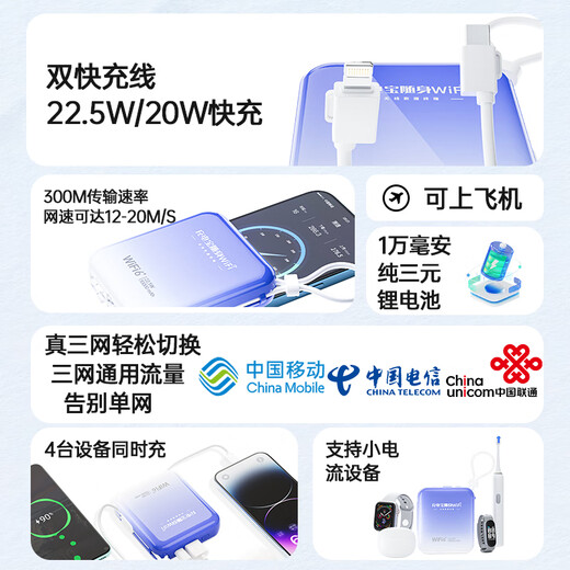 Yebei móvil portátil wifi 5g tráfico ilimitado 2025 nacional universal de tres redes red inalámbrica de cualquier forma carga wifi portátil y acceso a Internet dormitorio de automóvil dos en uno transmisión en vivo sin demora 22.5W carga rápida 10000 mAh 丨 velocidad ilimitada 300M
