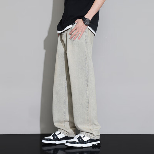 Yiran jeans otoño e invierno para hombres nuevos pantalones largos sueltos rectos casuales de moda lavados retro de piernas anchas simples y versátiles para hombres azul XL recomendado 115-140 Jin Jin equivale a 0,5 kg