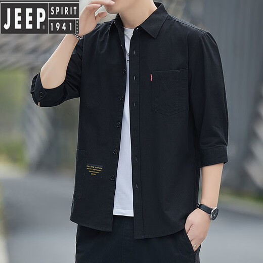 JEEP SPIRIT高档纯棉免烫夏季衬衫男士宽松版七分袖衬衣工装中袖外套休闲百搭 高质量纯棉料七分袖5008(浅蓝色) L 115斤-135斤