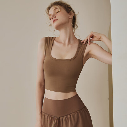 LULUUVTTOH sports vest with chest pad for women shock-proof running quick-drying fitness high-intensity Pilates training yoga top bra cocoa M