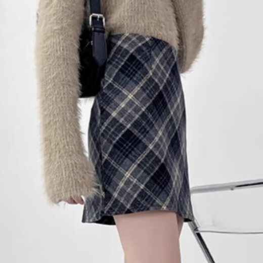 JIOESC Plaid Skirt Slightly Fat MM Short Skirt Autumn and Winter Retro Versatile Women's High Waist A-Line Plaid Hip Skirt Pear Shape Body Blue Gray Plaid Skirt M Recommended weight is about 95-110 Jin Jin is equal to 0.5 kg