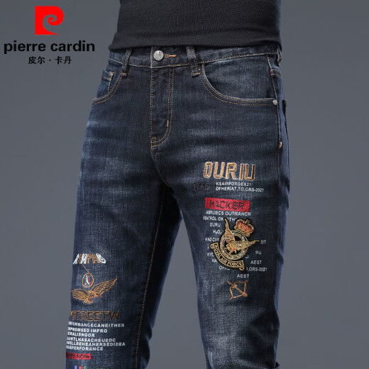 皮尔卡丹（pierre cardin）香港男士针织牛仔裤春秋冬新款时尚刺绣花弹力修身休闲百搭小脚裤 浅灰色6628 30 (2尺3)