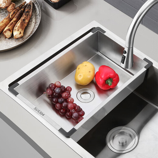 Kunlin Yila basket integrated 304 stainless steel sink basin, thickened and deepened single-change double-slot hand-made drain basket, 304 stainless steel sink, middle basin, outer size 380*260