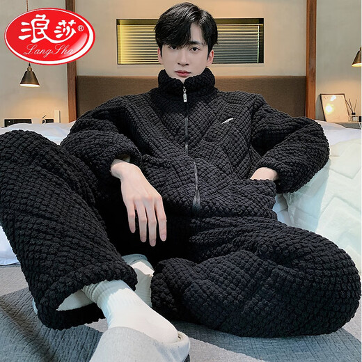 浪莎（LangSha）男士睡衣冬季加绒加厚珊瑚绒三层夹棉袄高领拉链法兰绒家居服套装 1278男款灰色【高领拉链夹棉+夹 L 3层 x 男款【身高162-172，体重