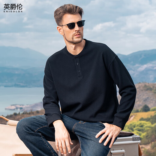 Enjeolon 330G Heavy Henley Collar Sweatshirt Men's 2024 Autumn New American Style Loose Pullover Top Brown 2XL