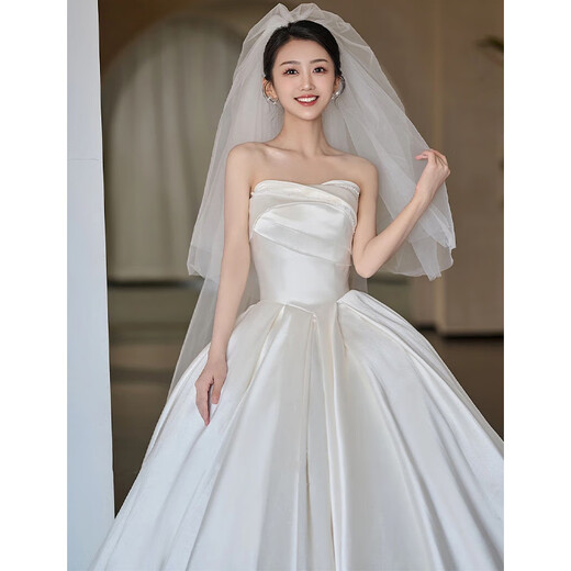 DL 1998 Pangdonglai Calidad Vestido de novia de calidad Bride Bride Pein Yarn Strip Satin New Texture French Retro White Fit Style <Vestido de novia único sin accesorios>+ XXL: Peso 130 Jin [Jin equivale a 0.5 kg]