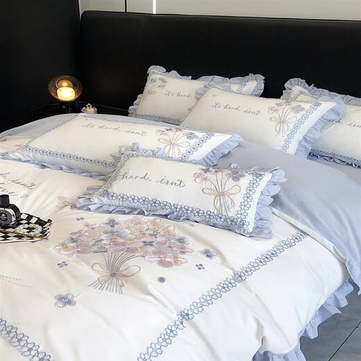 Mercury Series Small Fresh Cotton Washed Cotton Four-piece Set Girly Heart Flower Embroidery Lotus Leaf Lace Quilt Cover Pure Cotton Bedding Hot Sale-Xinjiang Cotton-Dielianhua-Mist Blue 1.8m Sheet Style Four-piece Set Quilt Cover 200*230