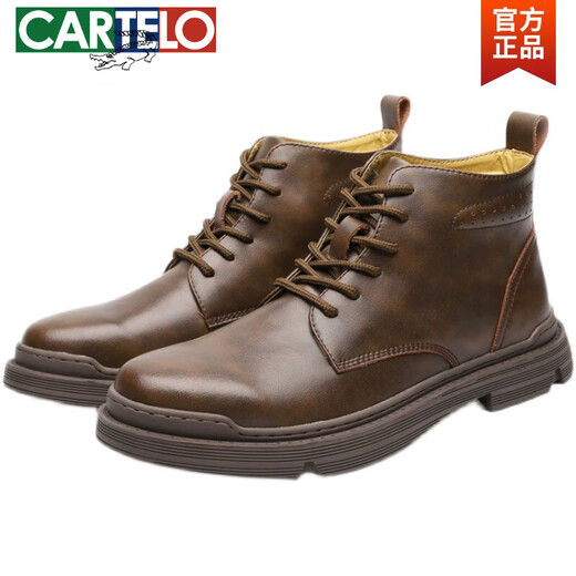 Cartelo Martin Boots Herrenherbst- und Winter High-Top-Schuhe Trendy Leder Britisch-Stil kurze Stiefel neue Plüschmitte Retro-Arbeitsstiefel Brown <Middle Top Style> 41