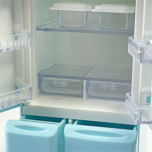 Miniatur-Szene Ornamente Mini Simulationsmöbel Doppelte Tür Kühlschrank Puppe Haus kleiner Modell Kinderspielhaus Spielzeug Blau Kühlschrank + frische Kiste + Obst- und Gemüse-Snack Set +