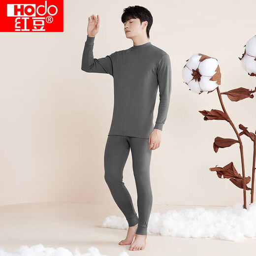 Hongdou official flagship store men's and women's home wear pajamas set middle-aged and elderly spring and autumn mid-collar solid color cotton underwear set autumn 3254 men's light gray 2XL 180