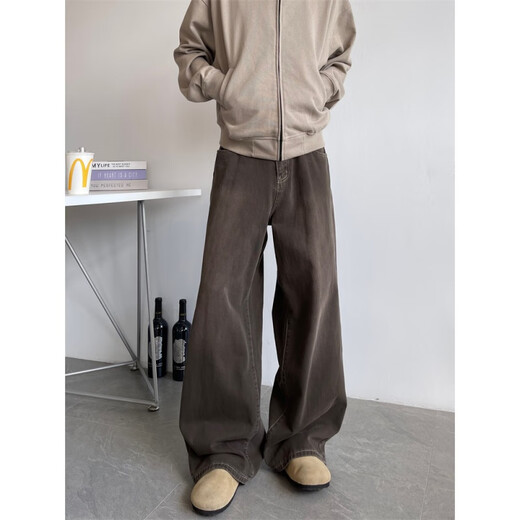 
Shelley Jones American retro brown jeans men's spring and autumn trendy brand old loose straight floor wide-leg casual trousers brown 2XL [recommended 140-160Jin [Jin equals 0.5 kg]]