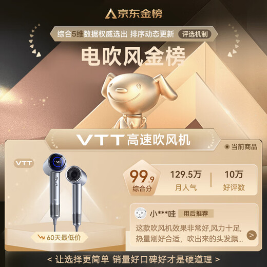 VTT Germany hair dryer household mute negative ion high power non-damaging hair care high-speed hair dryer student dormitory barrel drying hair quick-drying portable birthday gift digital display starry sky silver ultra-high-speed dry hair care + strong wind noise reduction + ten years of only replacement without repair