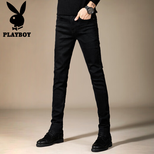 花花公子（PLAYBOY）黑色牛仔裤男士夏季新款潮流休闲韩版修身小脚长裤弹力商务裤子男 黑色 X-3071HH902 33