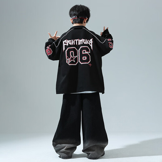 Mofu Kinderstreet Dance Trendy Kleidung Kinder Mode europäische und amerikanische Baseball -Kleidung Girls Hipphop Jacke Boy Hip Hop Performance Kleidung 300 schwarze Langarms + 349 Schwarze Hosen + 841 Weiß Kurzärmel 170 cm